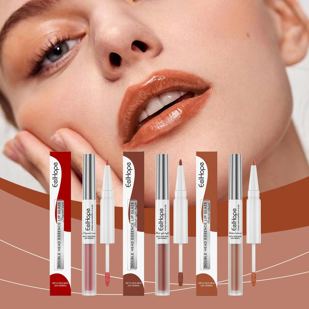 Double-headed lip liner and lacquer pen showing 0.5mm pencil tip and matte lacquer bullet in three colour options