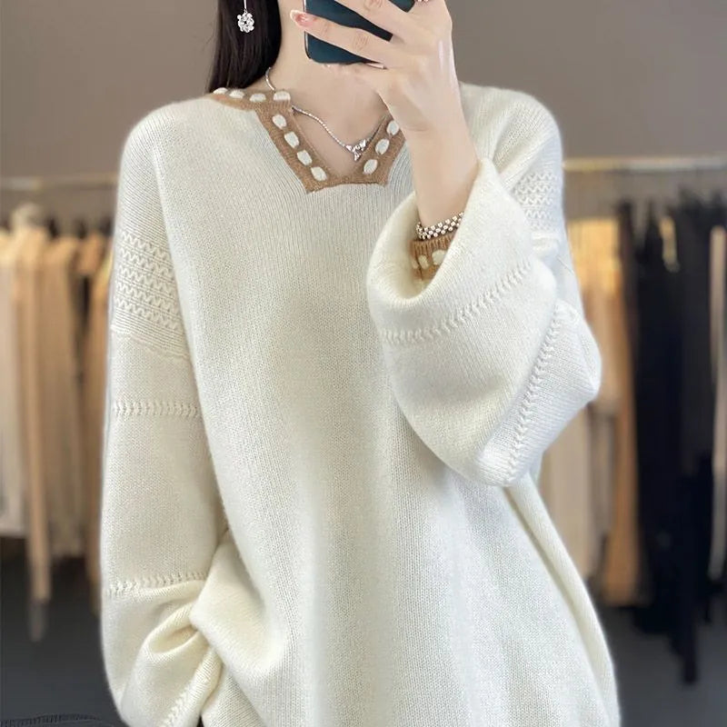 Women's V-neck pullover sweater in viscose fibre, camel colour, long sleeves, size S to 3XL
