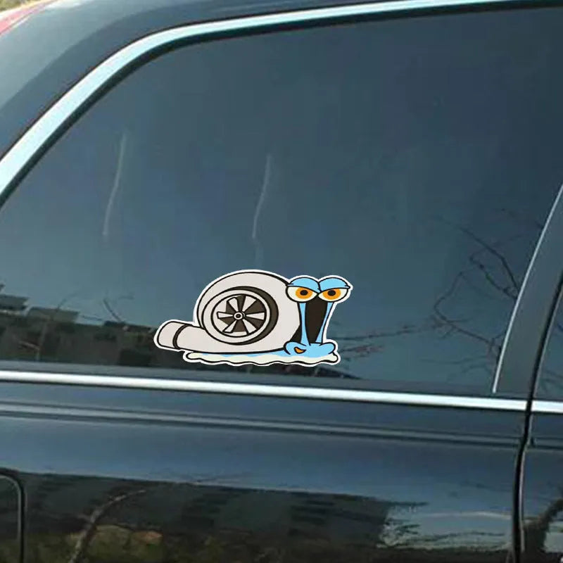 White reflective car sticker with cartoon snail design measuring 12x8cm for bumper application