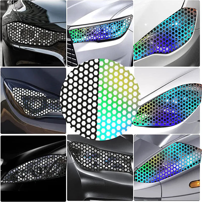 Honeycomb pattern car taillight sticker applique in black, carbon fibre, and colourful options measuring 48x30 cm