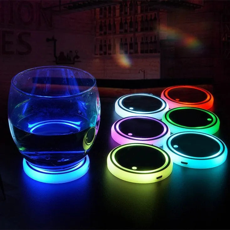 LED light-up car coaster showing 68mm diameter, seven colour options, and USB charging cable