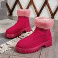 Women's winter ankle boots with thick rubber sole, artificial PU upper and cotton lining, in green or rose red