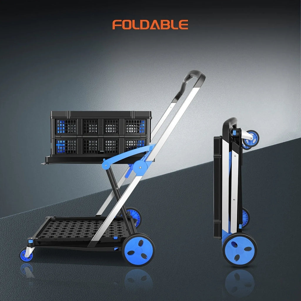 Foldable shopping cart with double plastic baskets in royal blue colour, showing folded and unfolded configurations