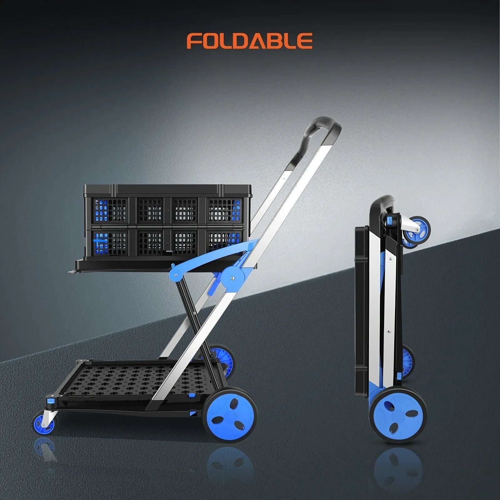 Personality foldable shopping cart in blue with two layers, showing compact folded size
