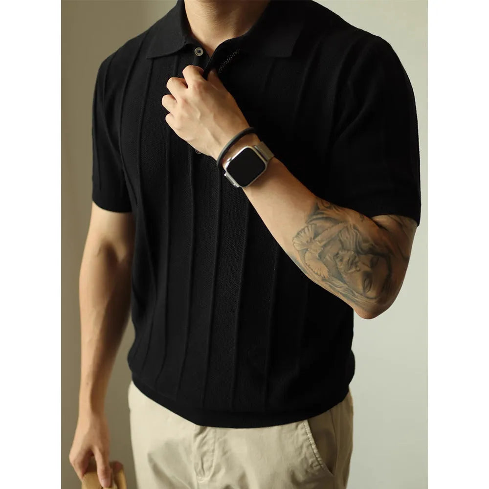 Men's black and white polyester pullover t-shirt, loose-fitting casual top