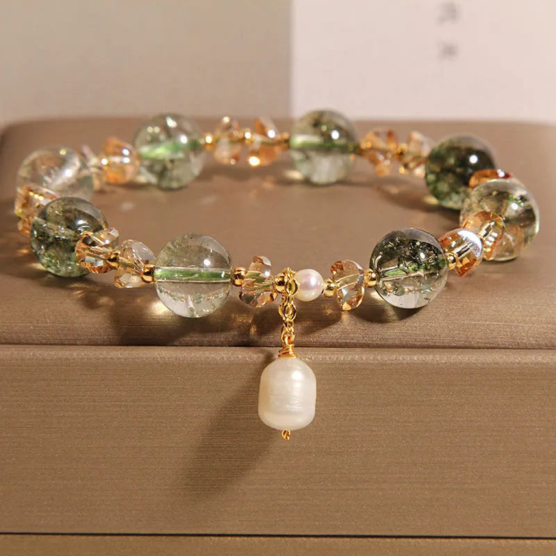 Green phantom quartz crystal bracelet with champagne accents in Japanese Korean style design