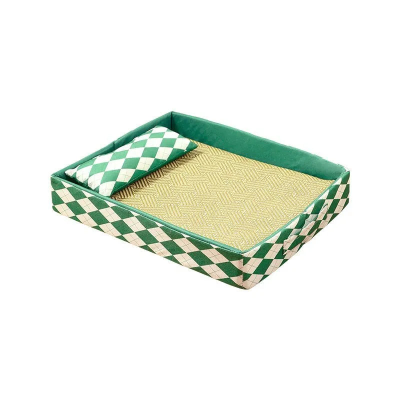 Blue cat litter mat with integrated rattan bed showing 2 cm raised border and removable fabric insert