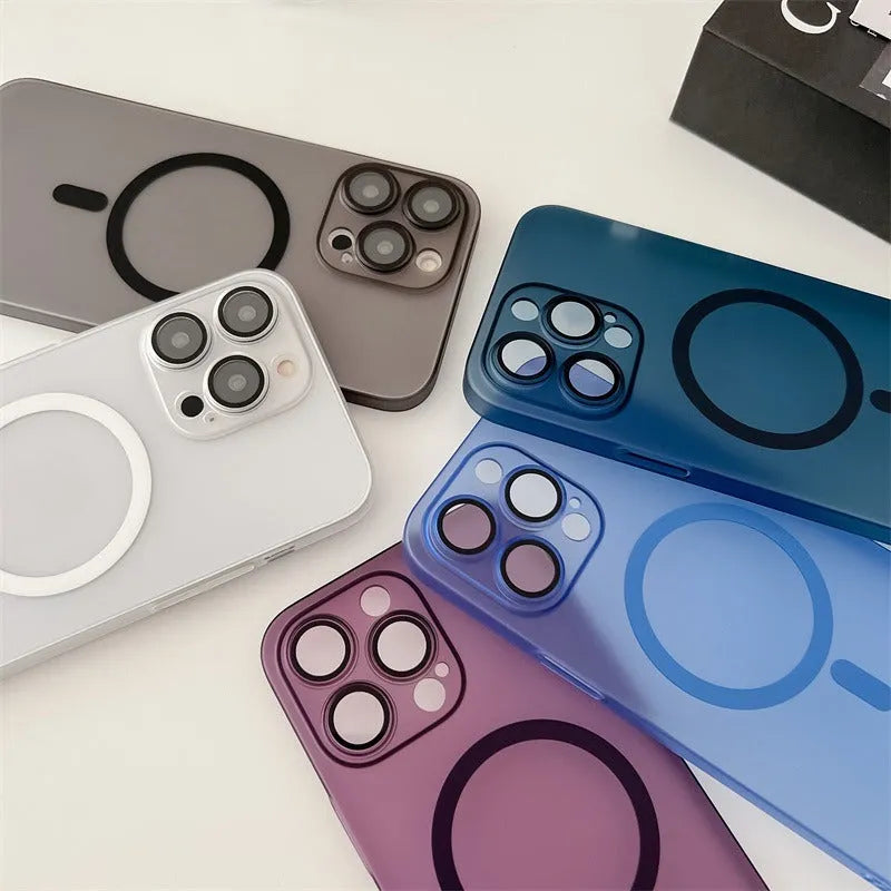 Ice Mist coloured frosted magnetic all-inclusive case for iPhone on a MagSafe charger