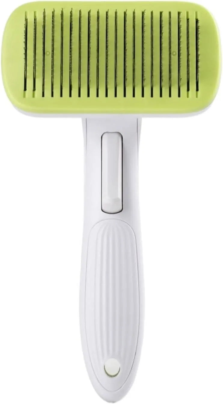 Pet automatic hair removal comb showing 10.7x19.5cm dimensions with one-click hair removal system