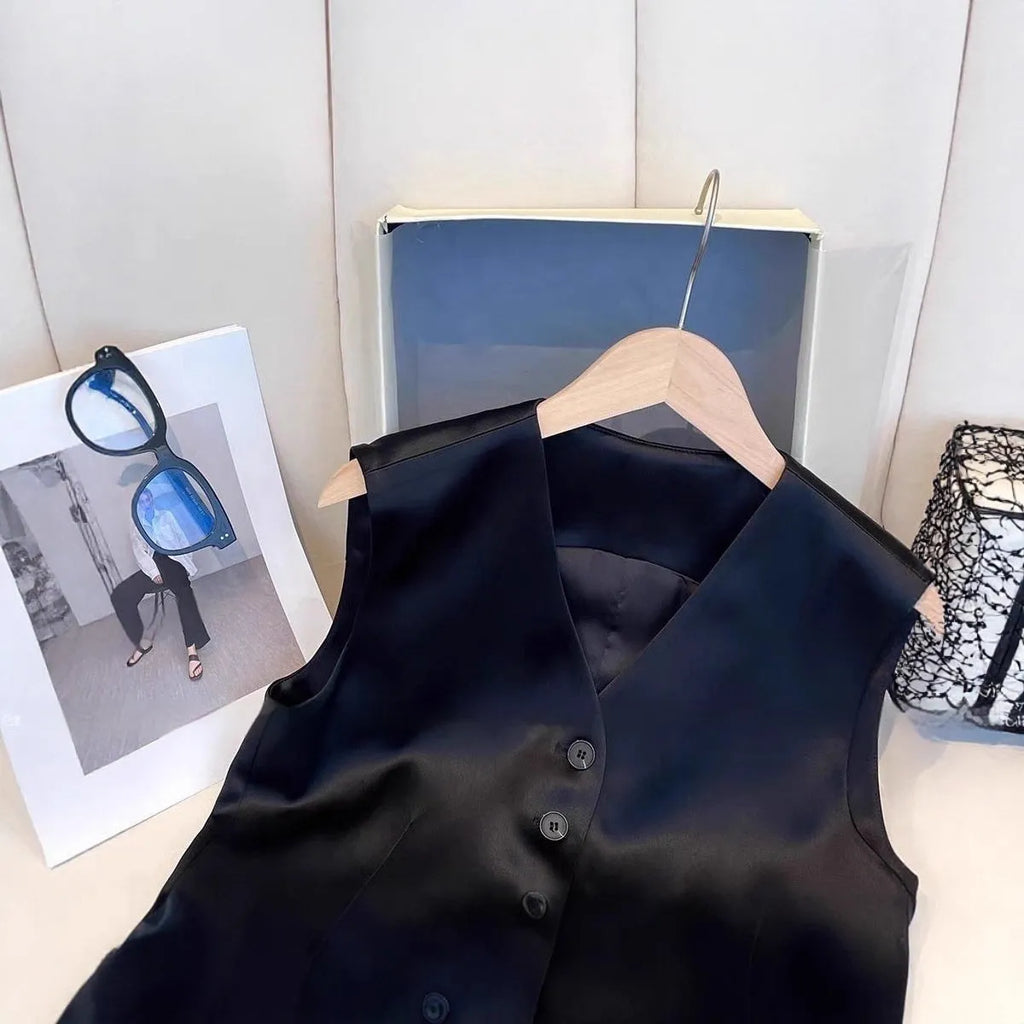 Black satin vest with sleeveless design and splicing details, shown on hanger