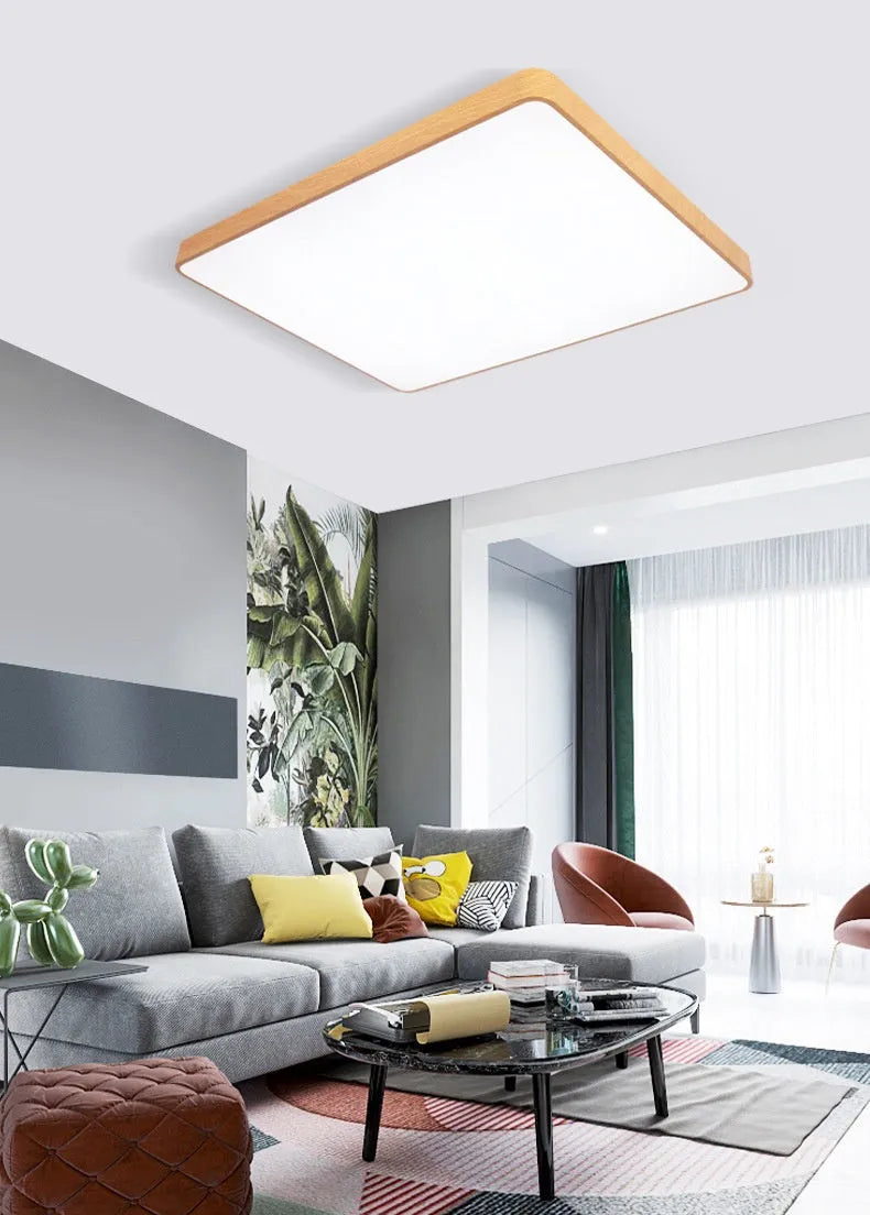 Square modern bedroom light with wood grain finish and iron frame, shown in three available sizes.