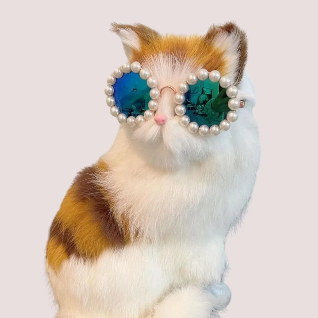 Pearl-rimmed round sunglasses for cats and dogs in black, blue, coffee, orange, and purple.