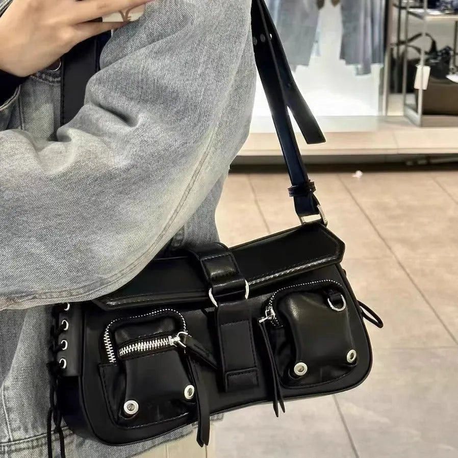 Black PU messenger bag with adjustable strap, showing compact 16cm height and 27cm width dimensions