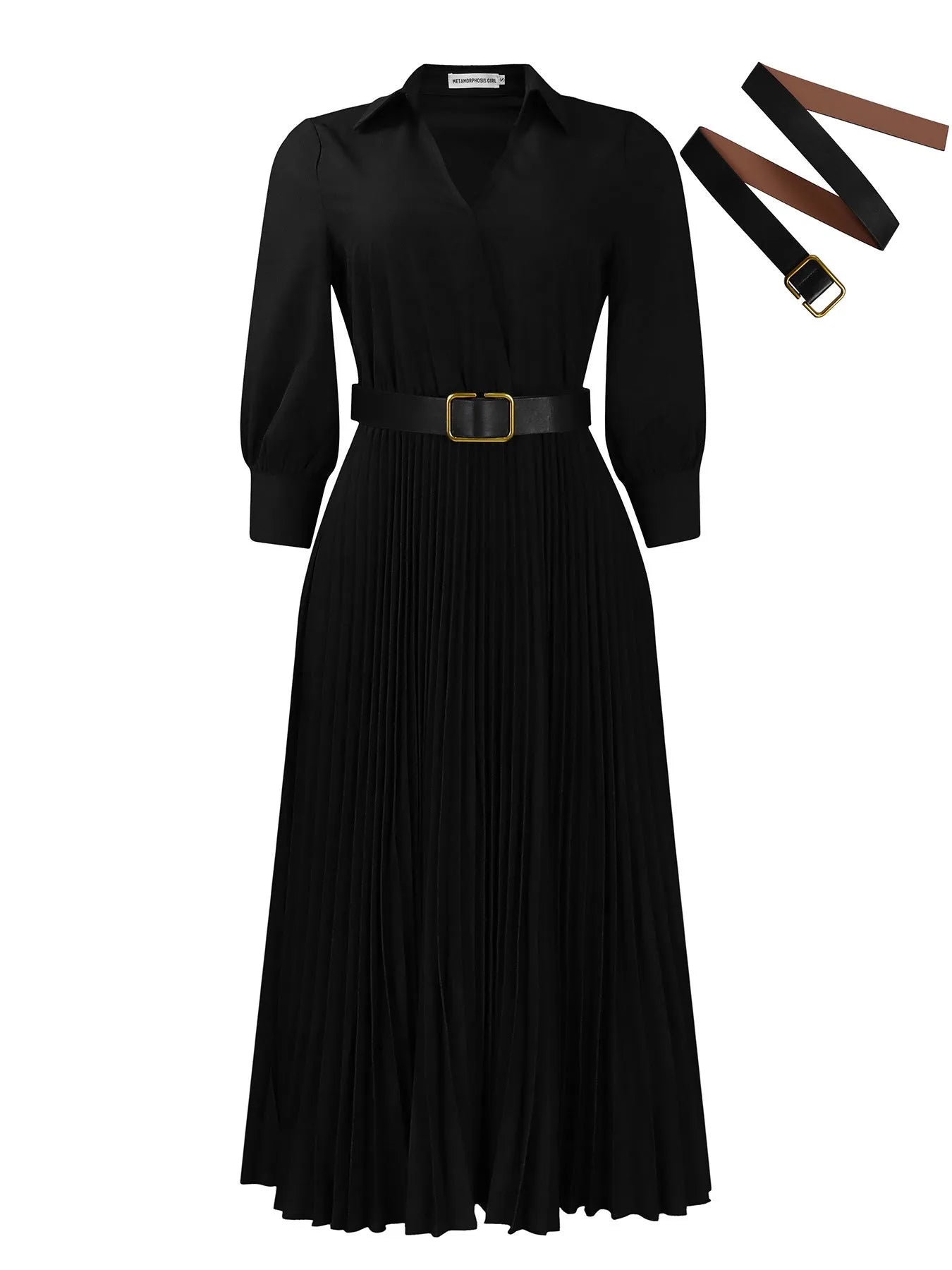 Polo collar dress with pleated skirt creating swing silhouette, shown in solid colour with belt detailing
