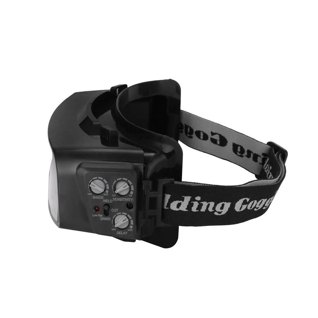 Black automatic welding mask with 122.5x35mm viewing area showing automatic darkening lens and adjustable headgear