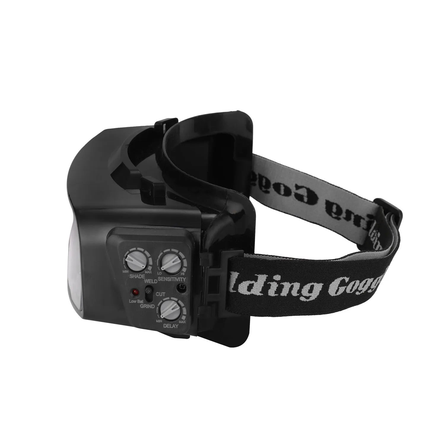 Black automatic welding mask with 122.5x35mm viewing area showing automatic darkening lens and adjustable headgear