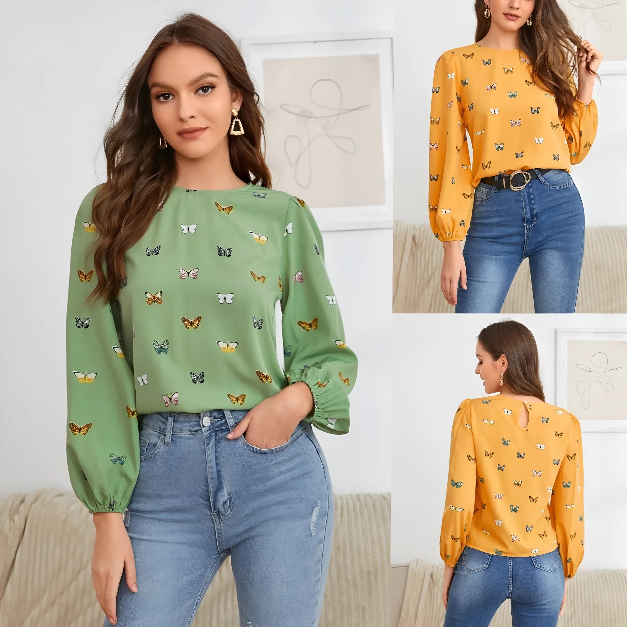 Women's butterfly print long-sleeved shirt in green colour showing loose fit and regular sleeves
