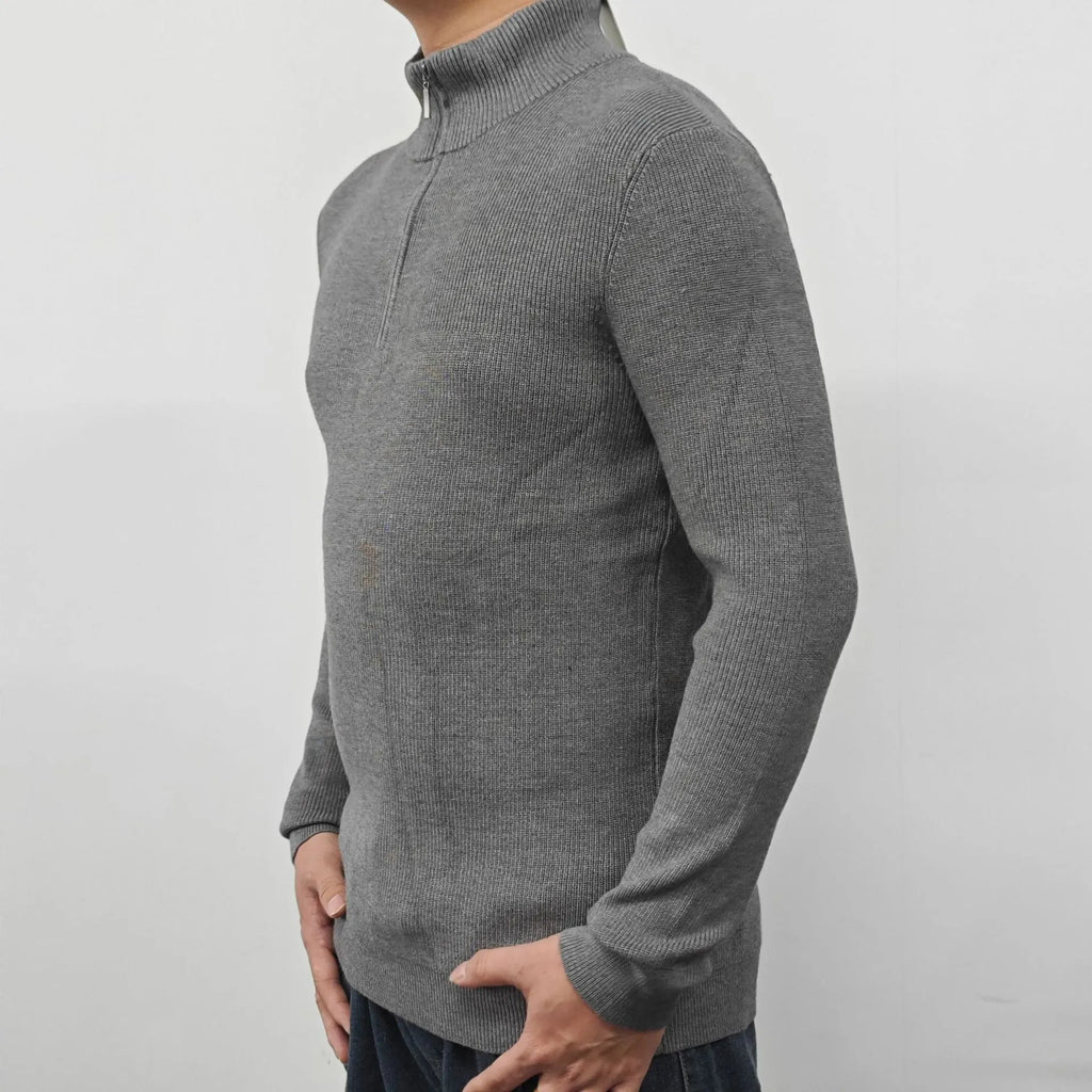 Men's half-turtleneck zipper sweater in cotton blend fabric, British-style pullover with long sleeves for spring autumn wear