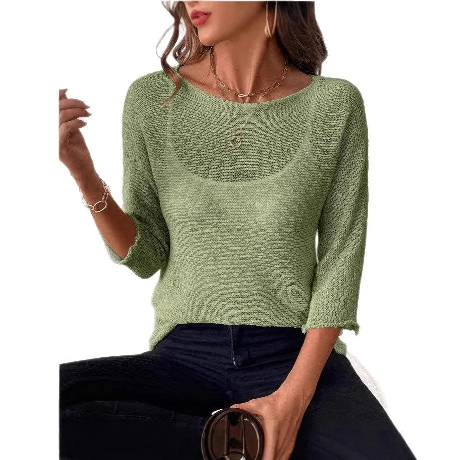 Women's knitted off-shoulder top with 3D pattern and 3/4 sleeves in matcha green colour