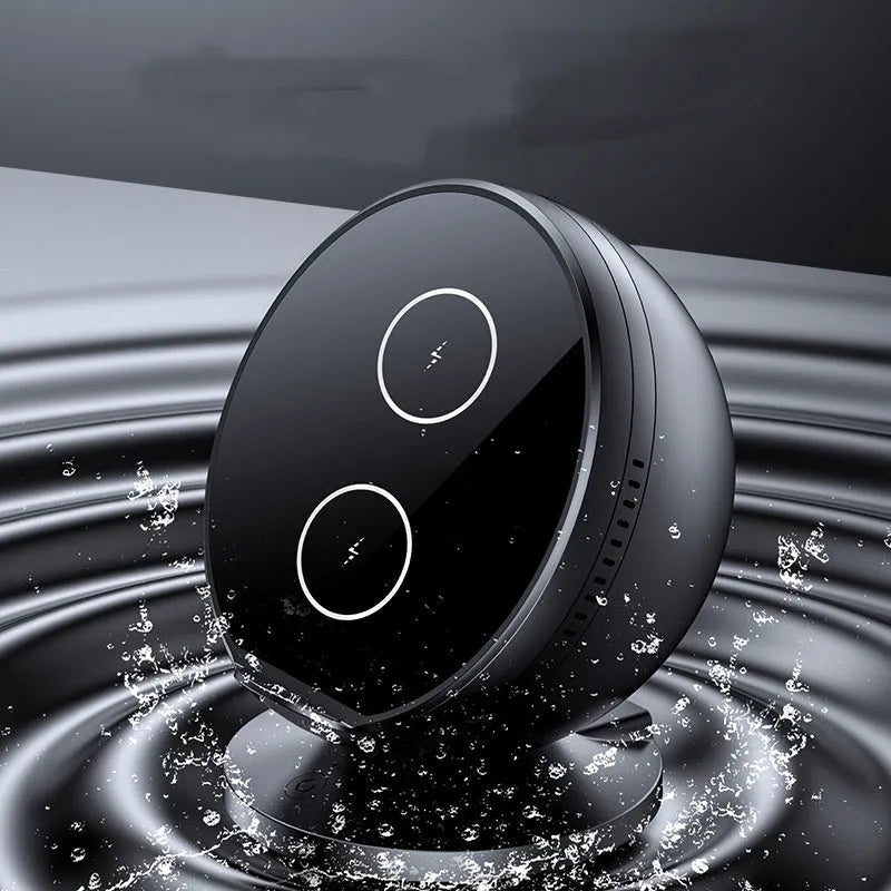 Multifunctional mobile phone wireless charger holder with Bluetooth speaker in black, showing charging surface and USB port