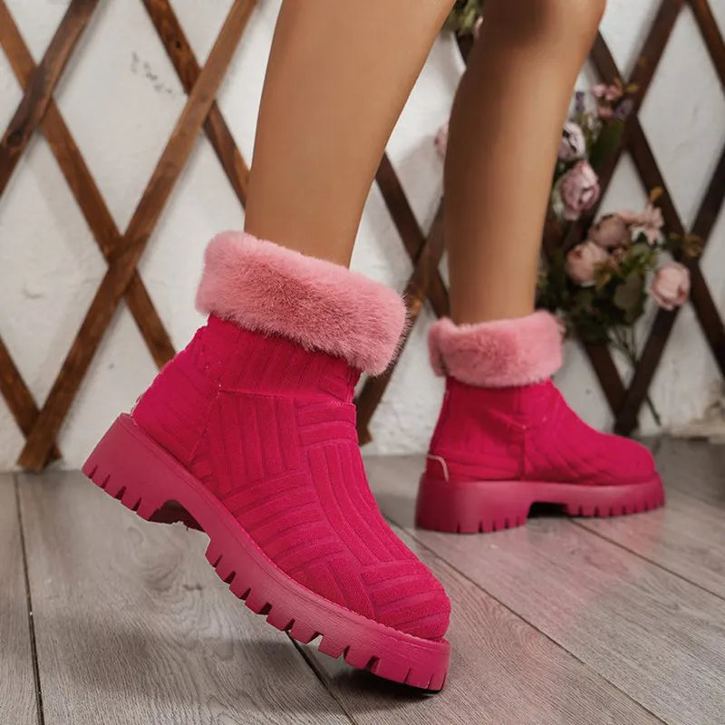 Women's winter ankle boots with thick rubber sole, artificial PU upper and cotton lining, in green or rose red