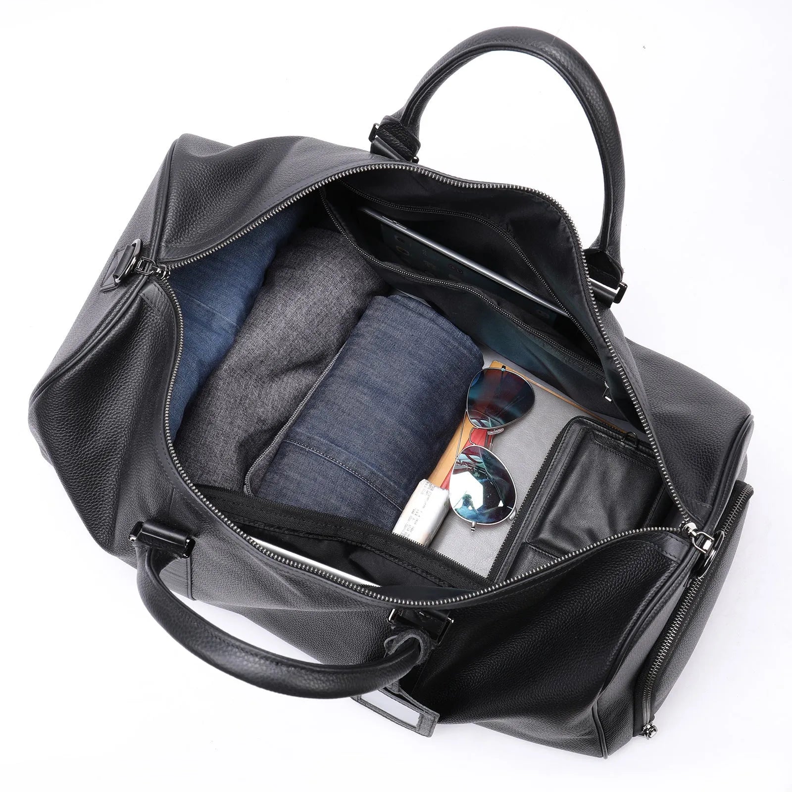 Men's black leather tote bag with single strap, showing 44cm length and plain design