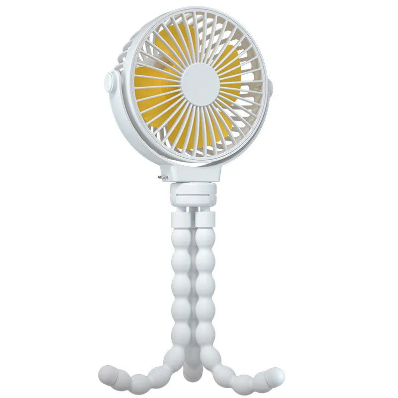 Black flexible tripod clip fan showing wrapped legs and 360° rotating head