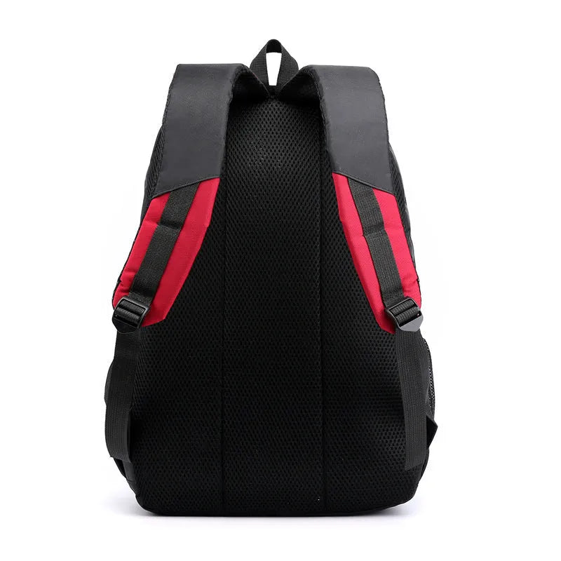 Waterproof nylon schoolbag for high school students with airpillow straps, shown in black, red, blue, and grey colour options.
