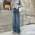 Women's retro blue straight-leg jeans with high-waist design on mannequin showing front and side views