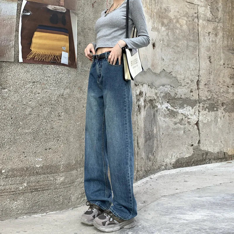 Women's retro blue straight-leg jeans with high-waist design on mannequin showing front and side views
