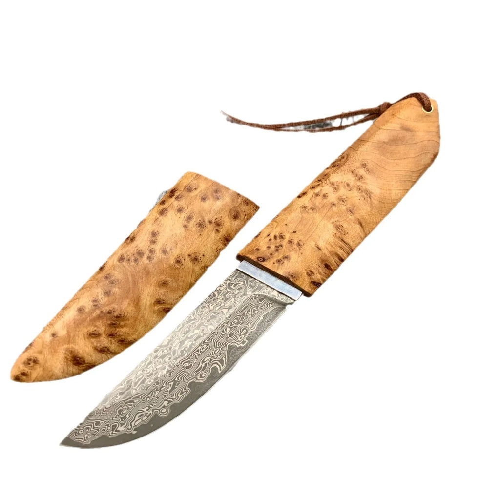 White Shadow Damascus pattern steel camping short knife with Thuja wood handle