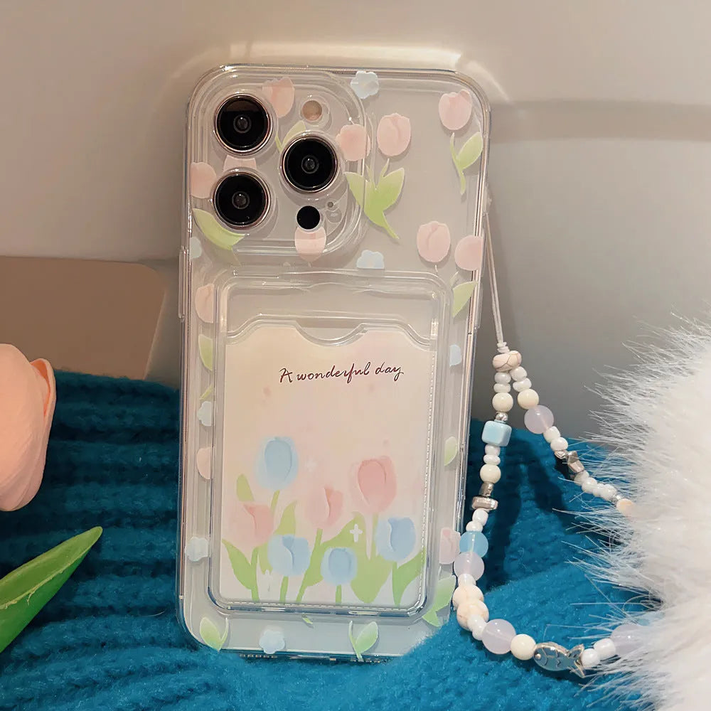 Transparent tulip flower card holder phone case for Apple iPhone, TPU soft shell with painted design.