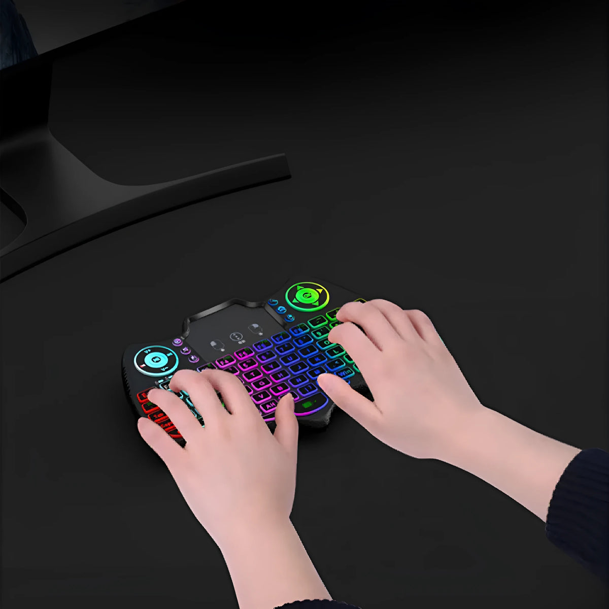 V18 black wireless mini flying keyboard mouse remote control with 88 keys and 2.4G wireless technology.