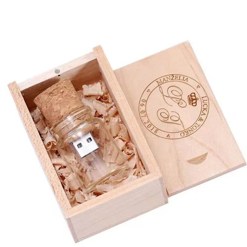 Transparent wooden bottle USB flash drive measuring 60mm by 28mm with capacity options up to 64GB