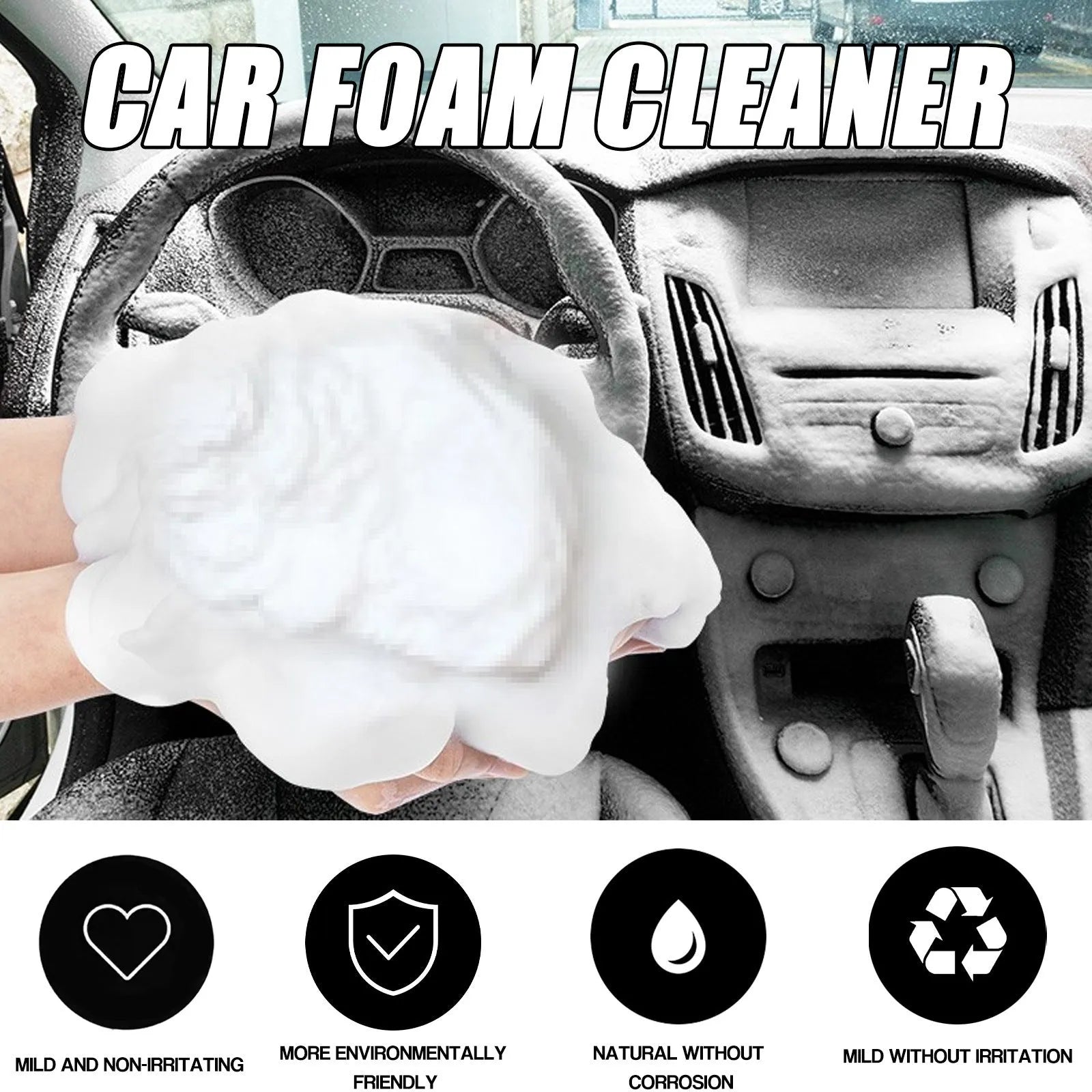 Car interior wash-free foamed cleaner with sponge applicator for fabric and upholstery cleaning