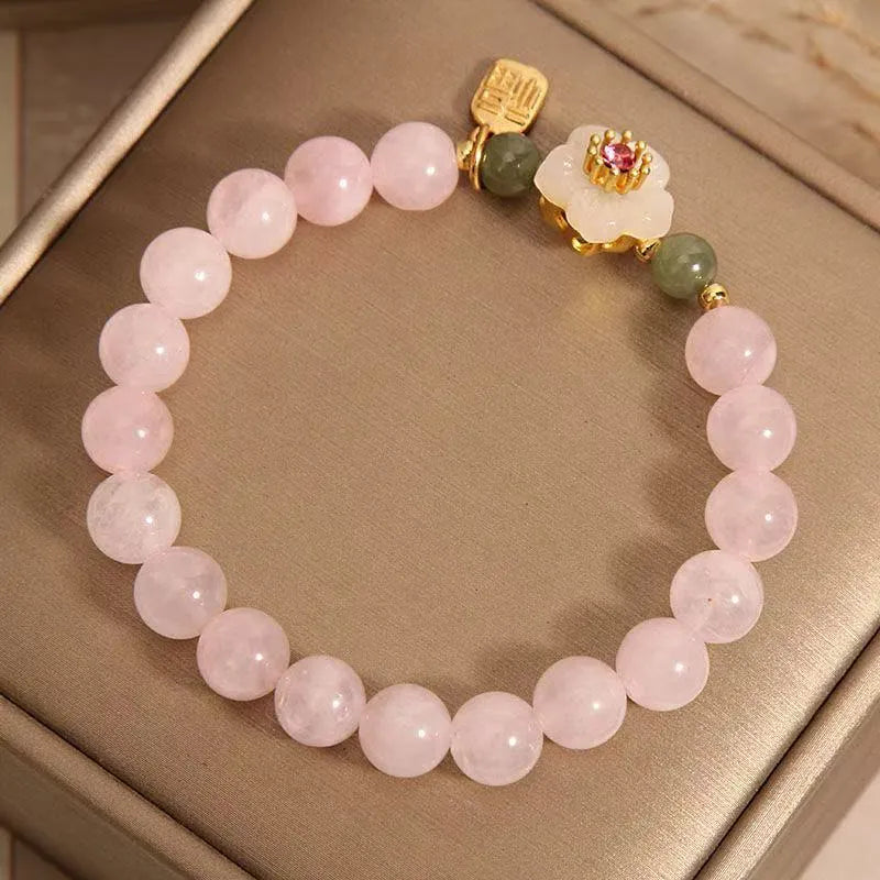 Crystal and Hetian jade beaded bracelet with peach blossom and camellia pastoral design in blessing card colour
