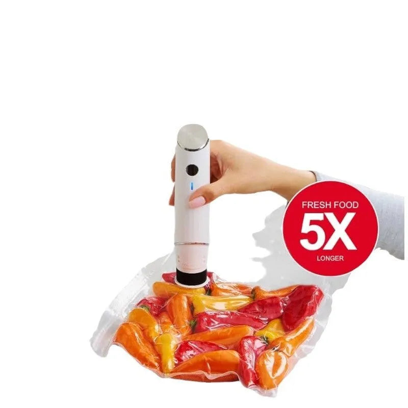 USB vacuum food saver kit with white electric pump and five plastic storage bags
