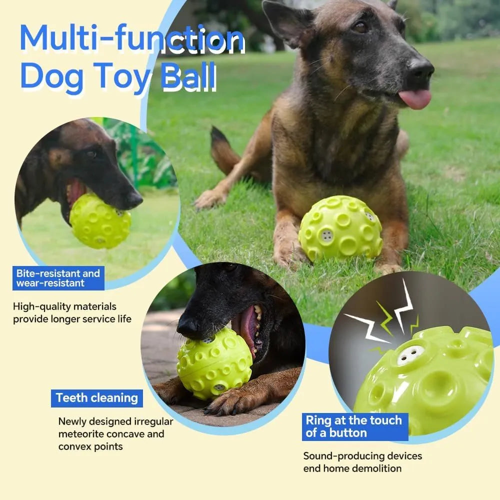 Dog toy ball in black, blue, green, orange, or yellow with squeaky sound generator and teeth-cleaning bumps
