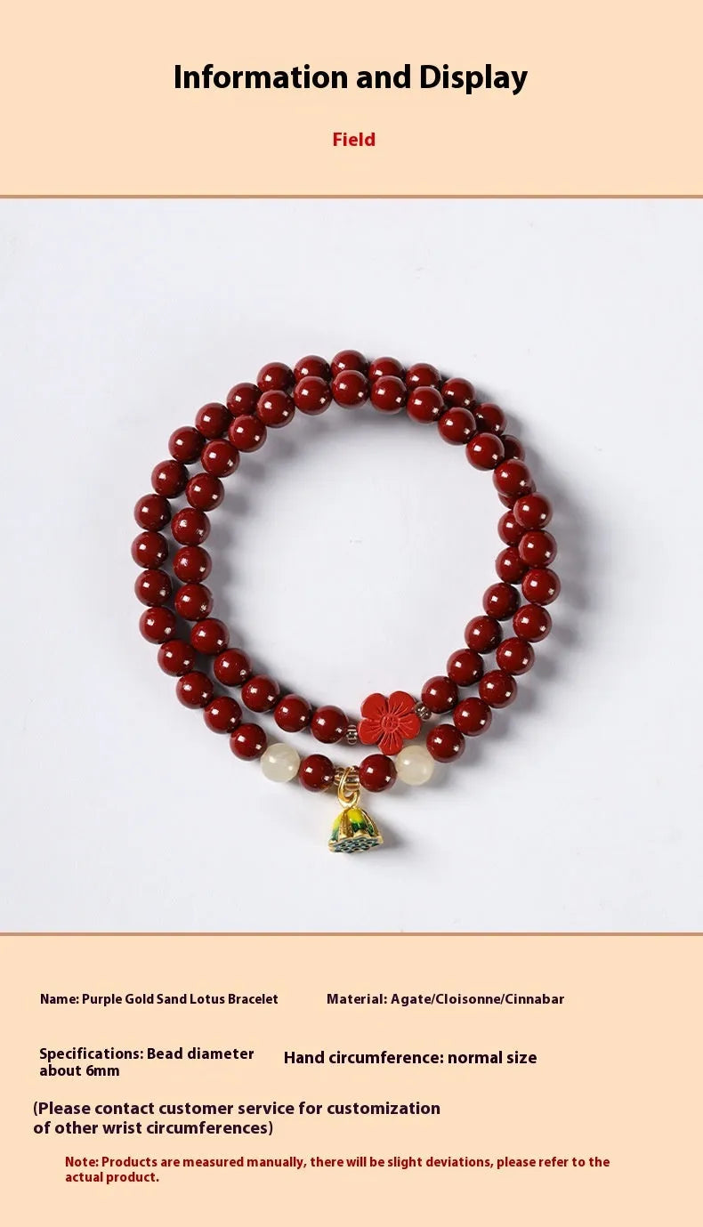 Hand-woven purple gold sand double circle bracelet with a 6mm lotus seedpod bead.