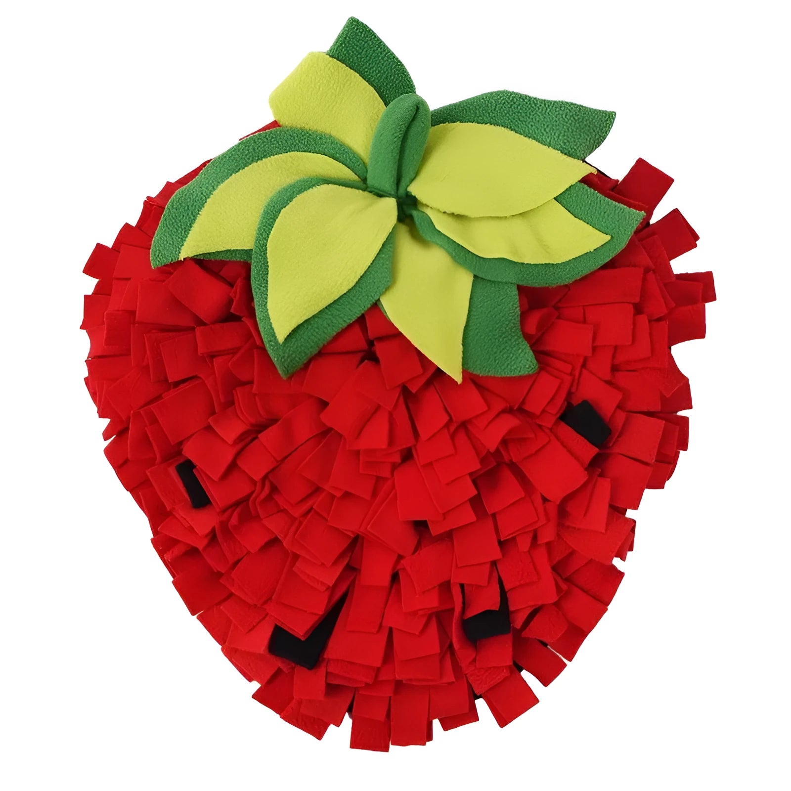Red and green strawberry-shaped pet slow feeder mat with hiding spots for foraging