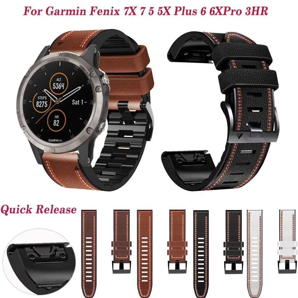 Silicone leather quick-release watchband for Garmin Fenix smartwatches in black colour