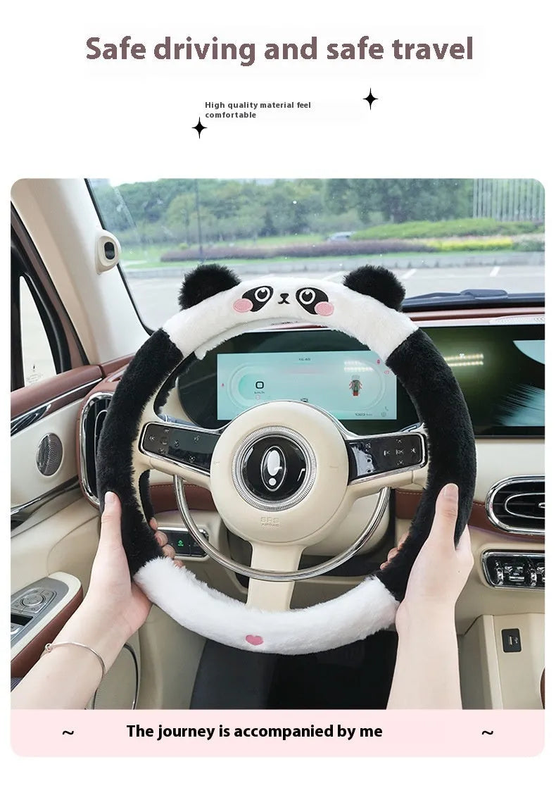Plush thermal steering wheel cover with embroidered animal design for winter driving comfort