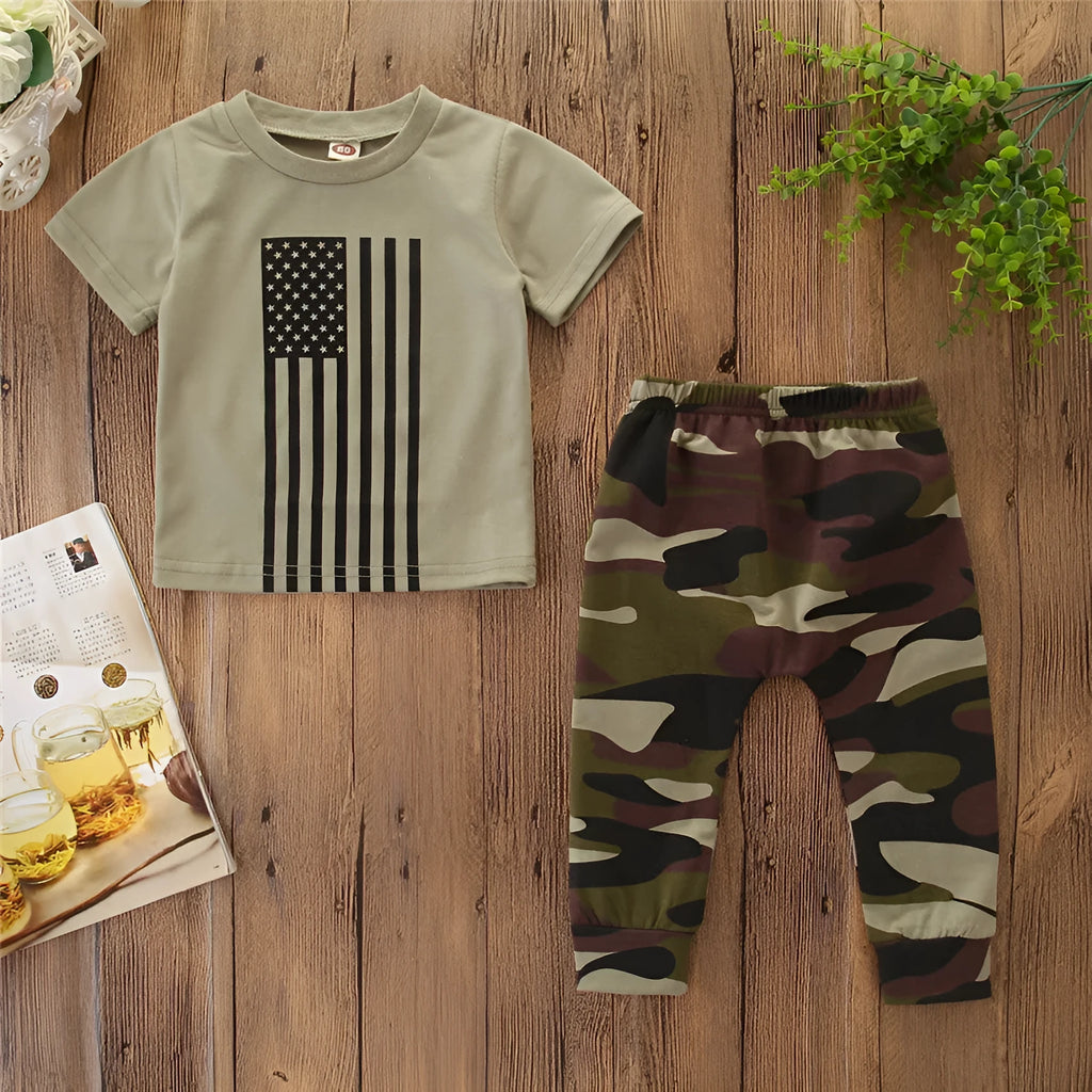 Little kids' flag camouflage summer suit set with short sleeve shirt and pants