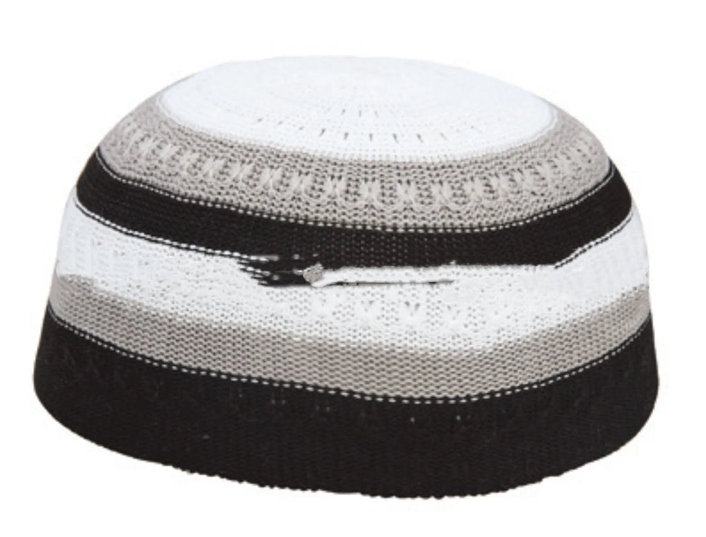 Cotton knitted mesh Muslim prayer cap with geometric embroidery, sizes S to L, colours A B D E