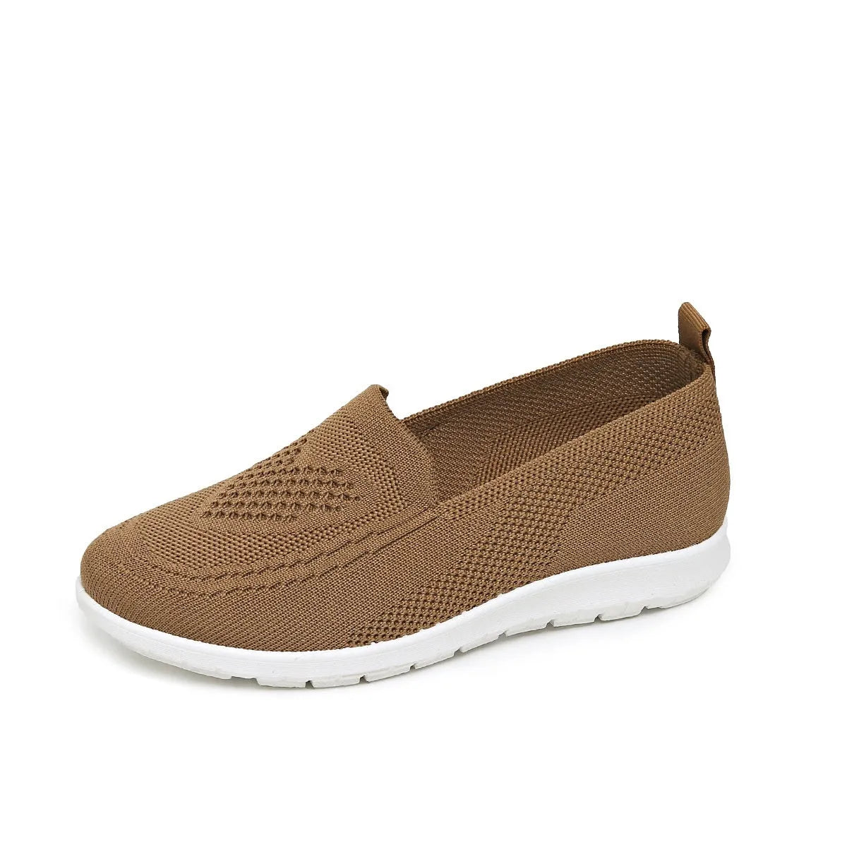 Women's plus size beige slip-on cloth shoes with low-cut design and flat sole.
