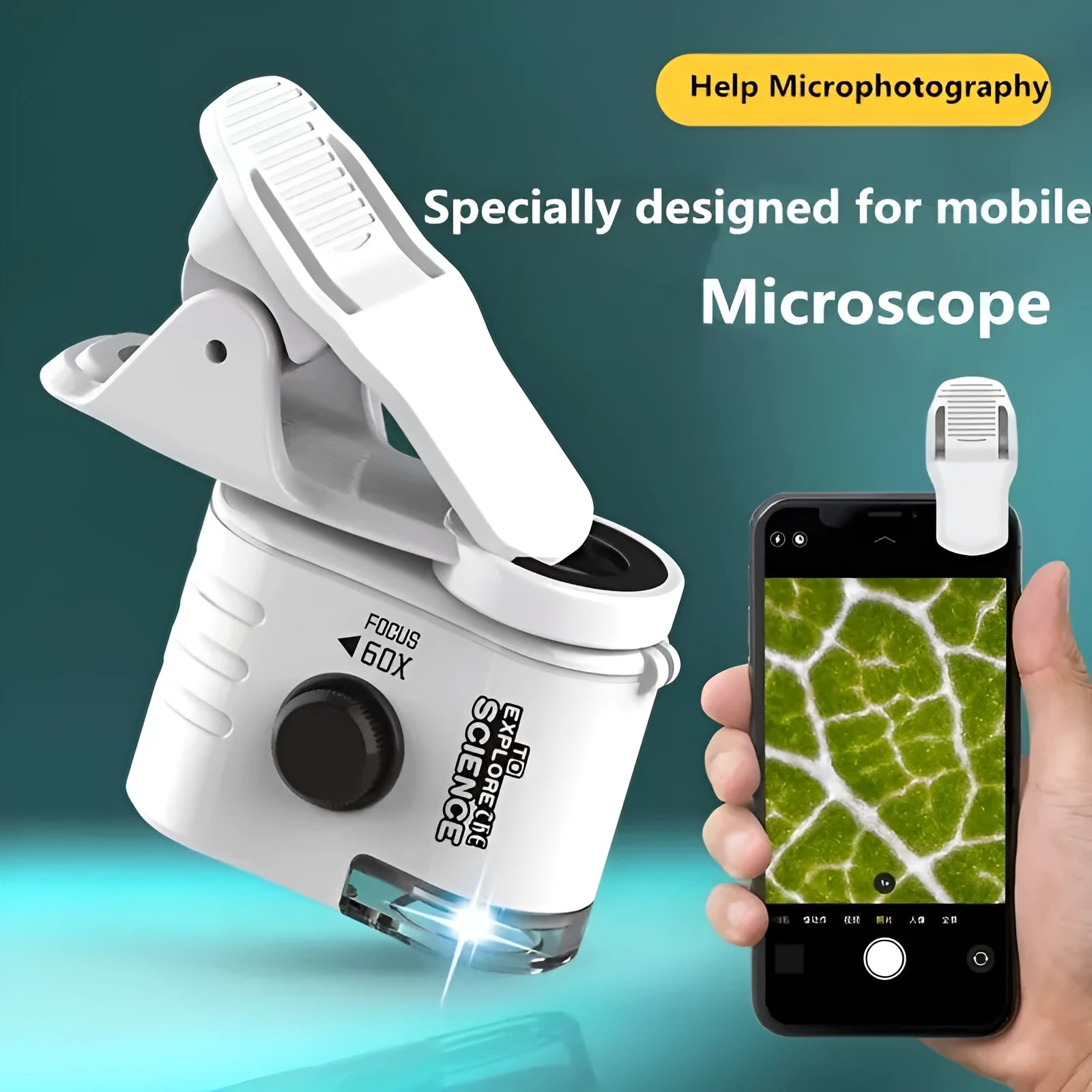 Mini mobile phone microscope with clip-on adapter showing 60x magnification capability
