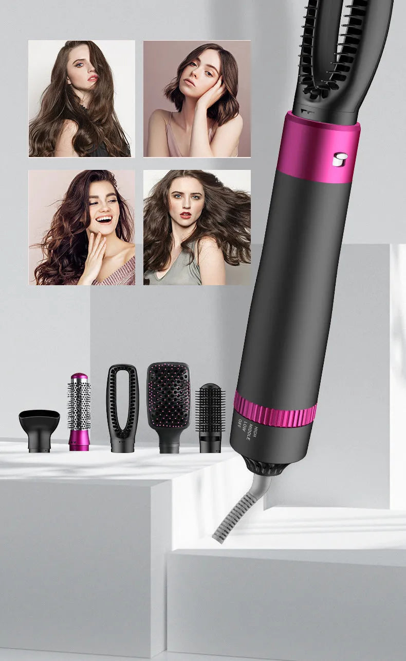 Grey 5-in-1 hot air comb curler hair dryer with 3 speed adjustment and US standard plug