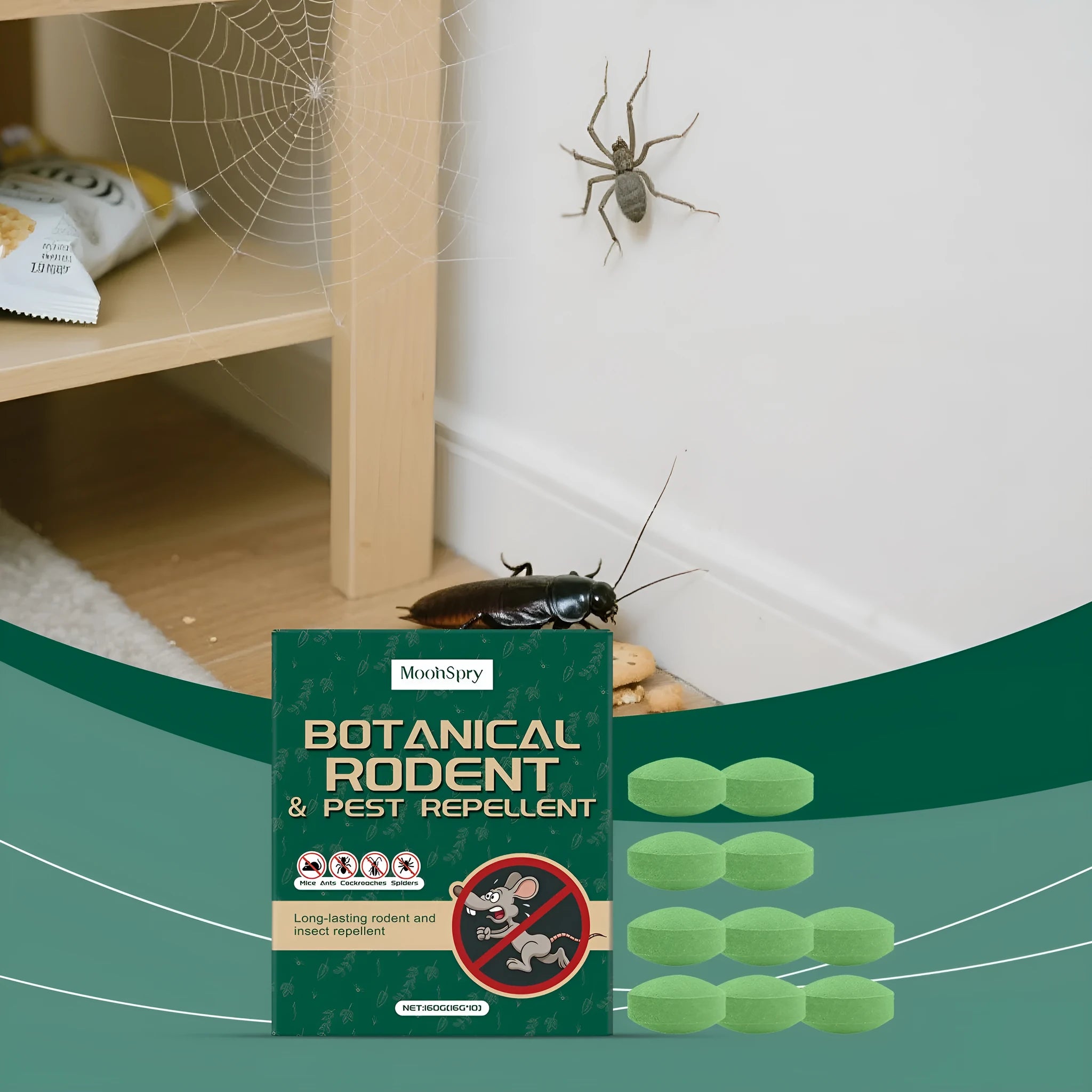 Set of ten 16g anti-mouse repellent pills and three mesh bags for warehouse and household pest control.
