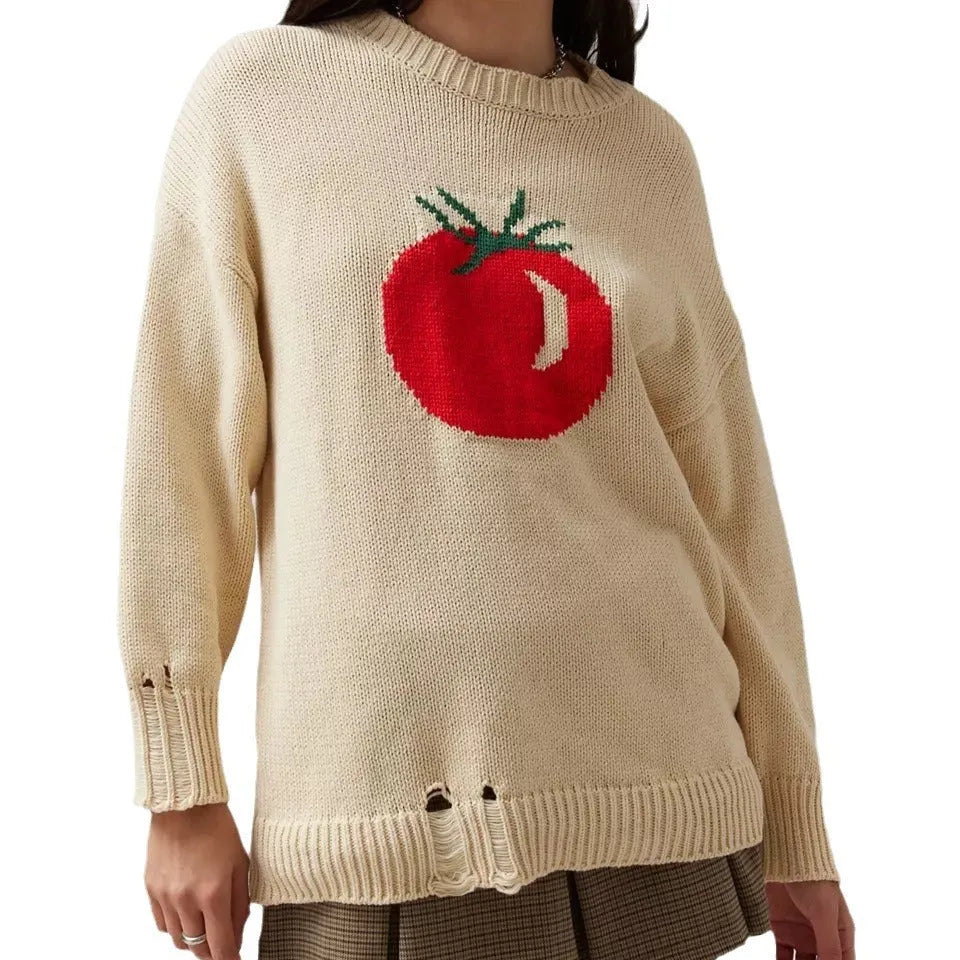 Women's acrylic jacquard pullover sweater in milky white with round neck and long sleeves, showing loose fit and textured pattern