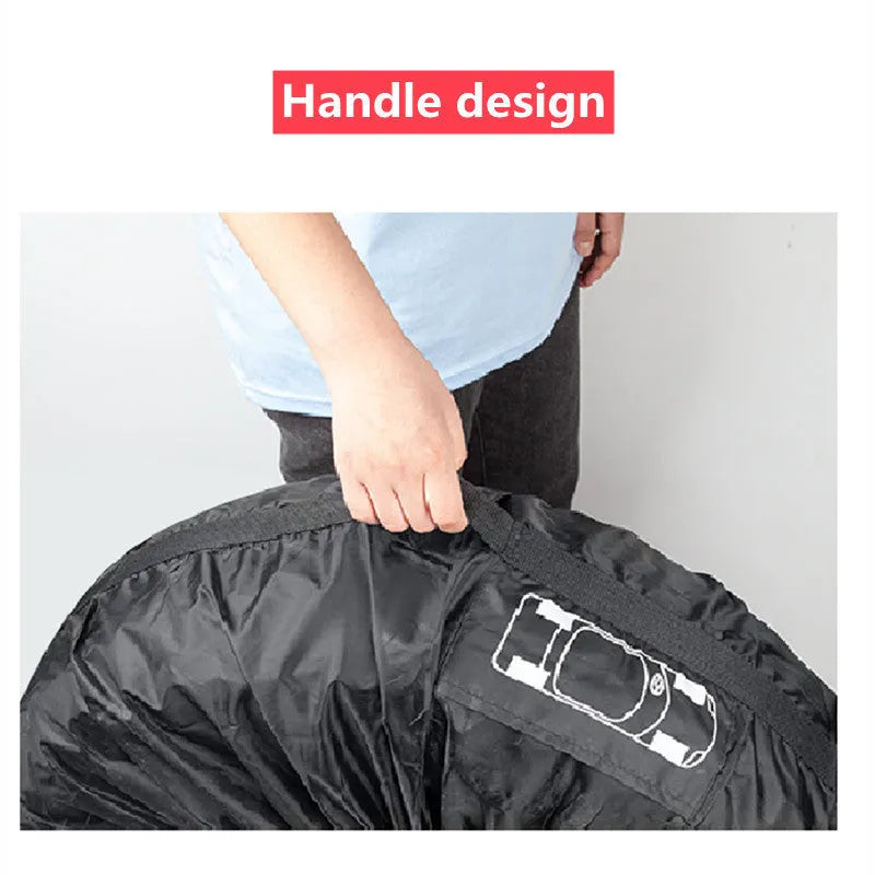 Set of four Oxford Cloth polyester car tyre protective covers in Black Belt and Red Belt styles, shown in S and L sizes.